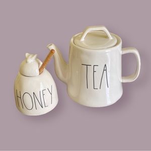 NEW Rae Dunn Tea Pot & Honeypot Set w/ Wooden Dipper White Ceramic